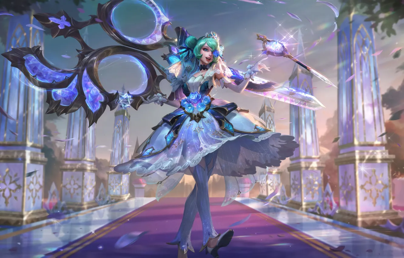 Photo wallpaper smile, game, character, Gwen, scissors, character, gait, League of Legends