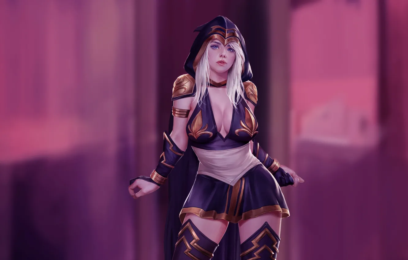 Photo wallpaper League of Legends, Ashe, Hood, Blue eyes, White hair