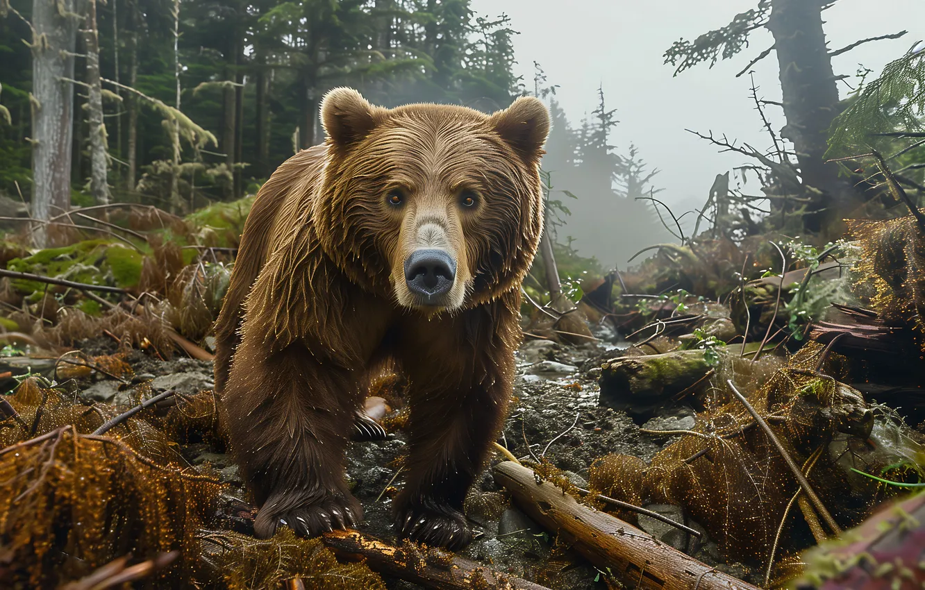 Photo wallpaper forest, look, face, trees, predator, bear, brown bear, digital art