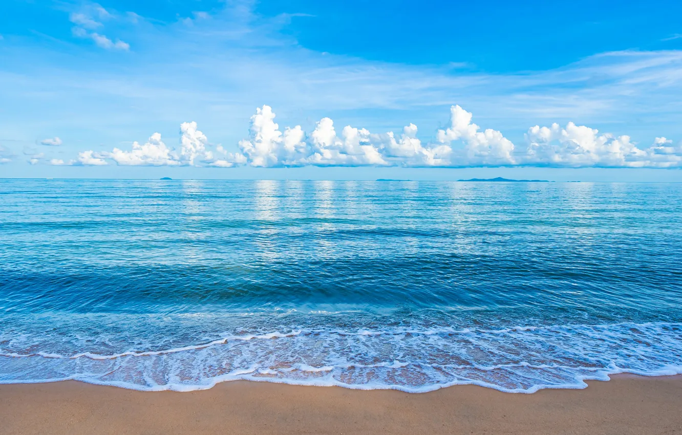 Photo wallpaper sea, wave, beach, the sky, clouds, blue, dal, surf