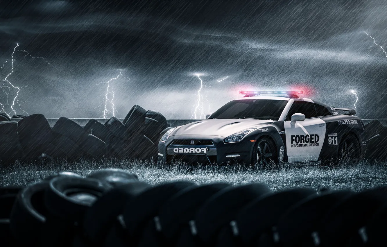 Photo wallpaper rain, zipper, police, tires, tires, Nissan, GT-R, black