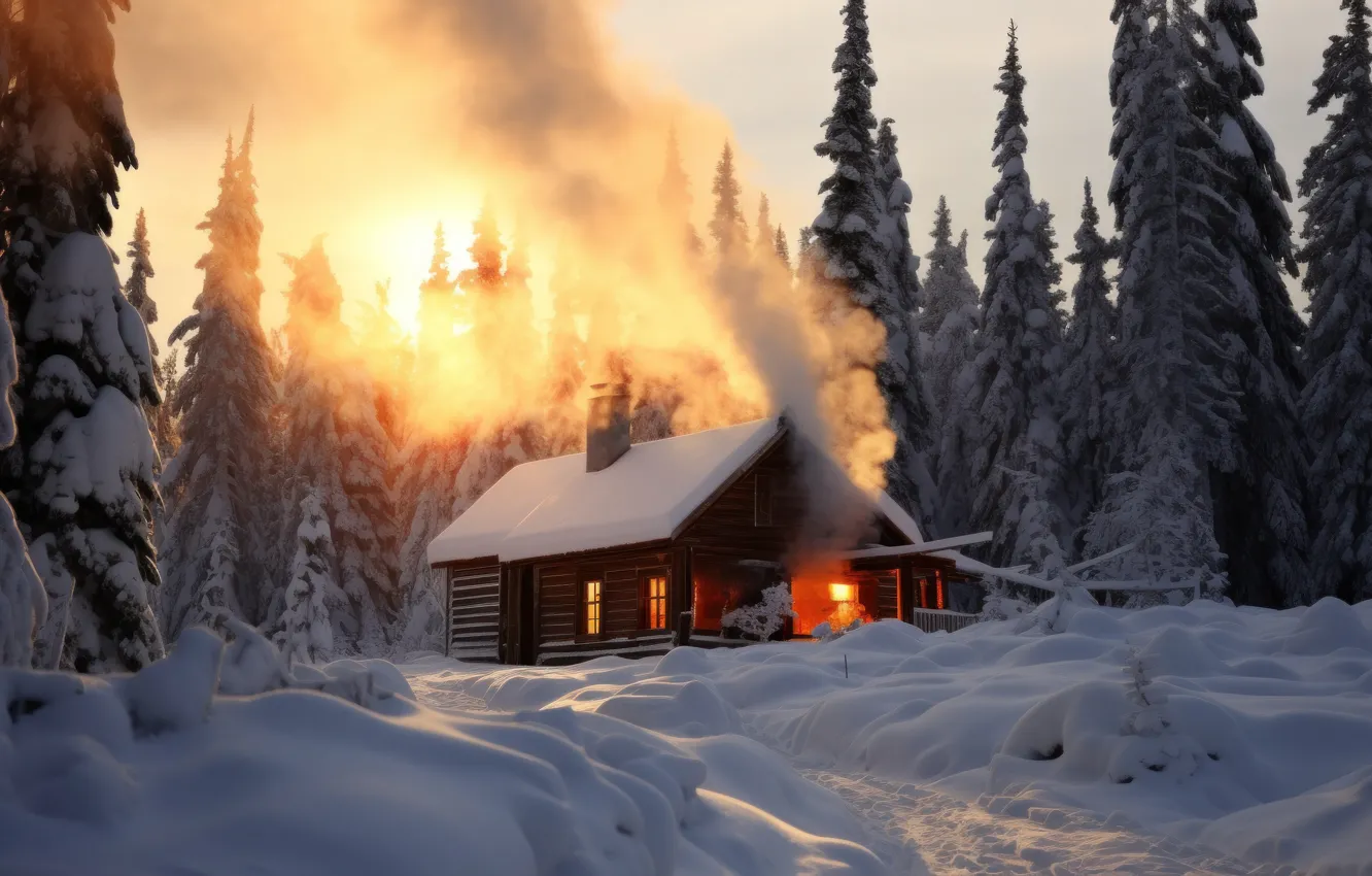 Photo wallpaper winter, frost, forest, light, smoke, tree, new year, hut