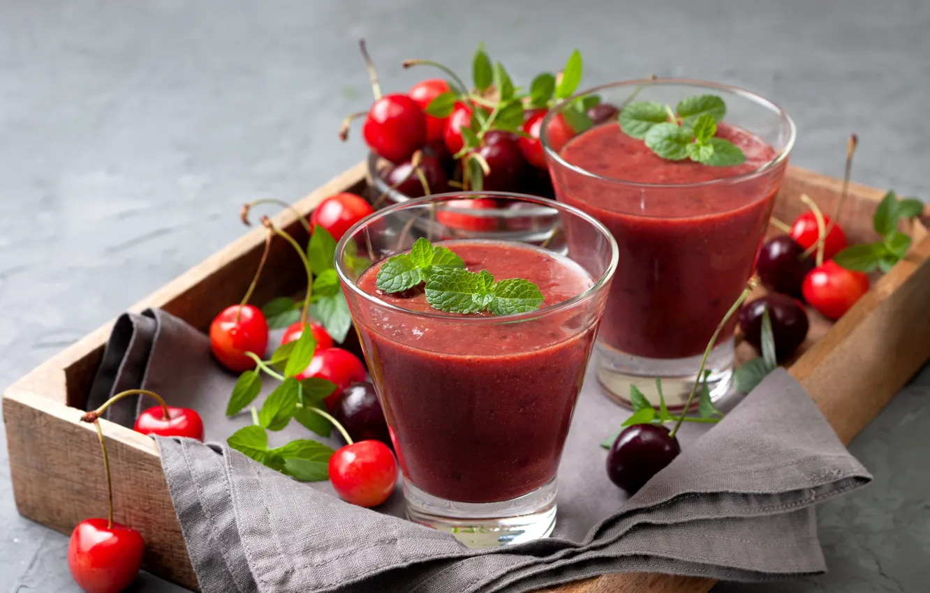 Photo wallpaper cherry, tray, smoothies