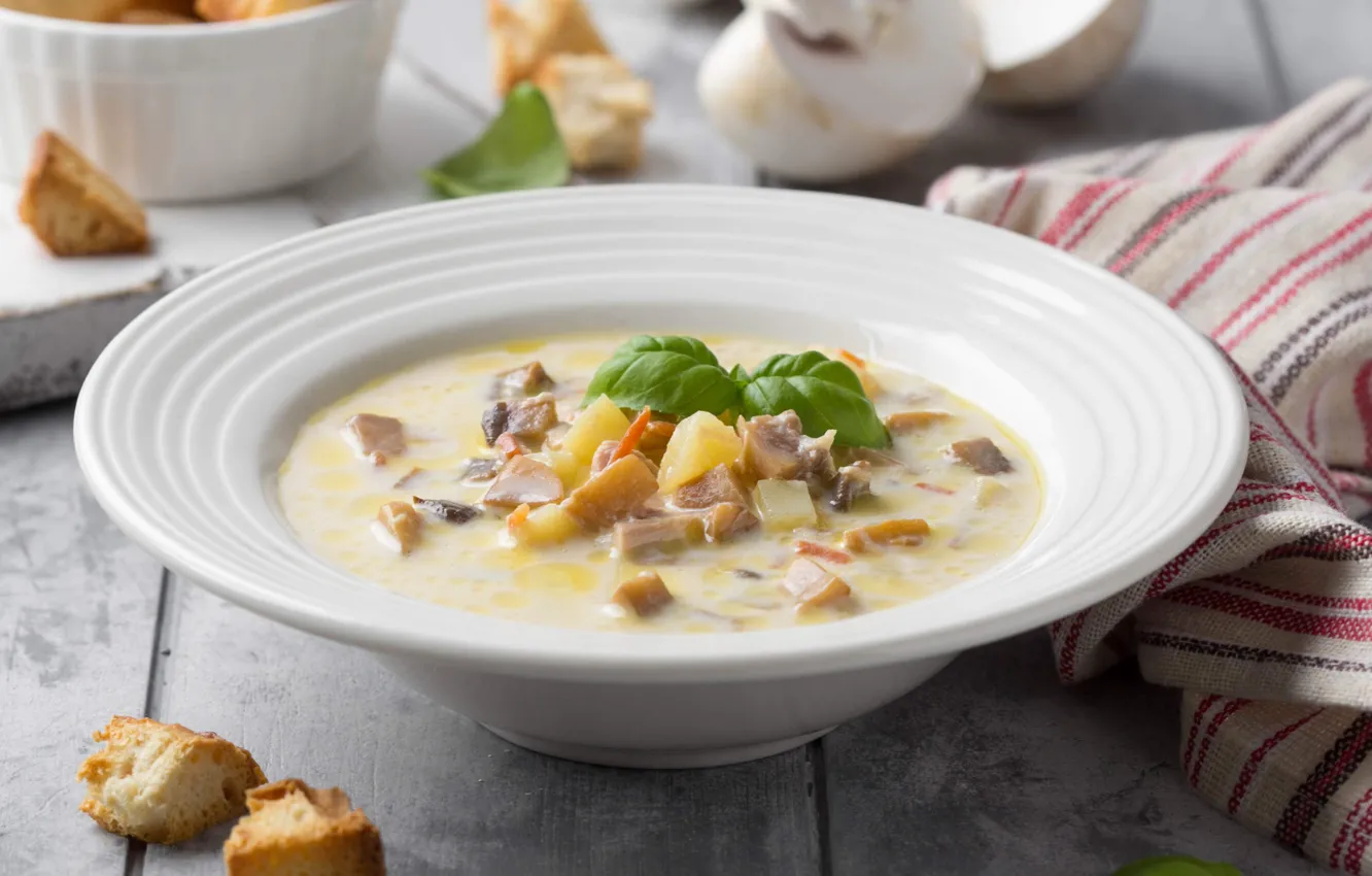 Photo wallpaper soup, bowl, Basil, croutons, croutons