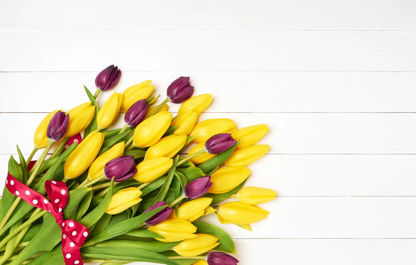 Photo wallpaper flowers, bouquet, yellow, purple, tape, tulips, yellow, flowers