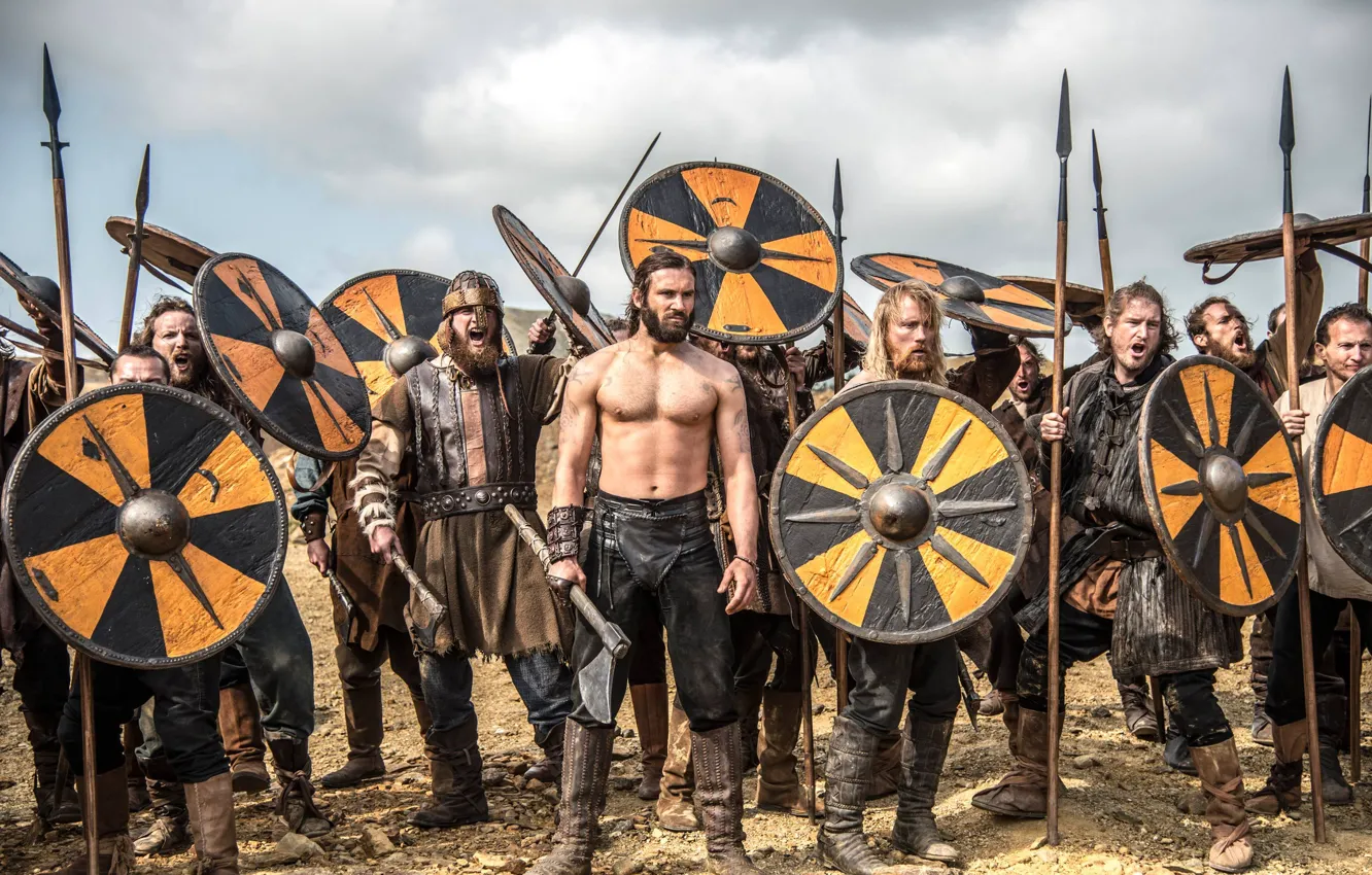 Photo wallpaper weapons, the series, warriors, shields, drama, Vikings, historical, The Vikings