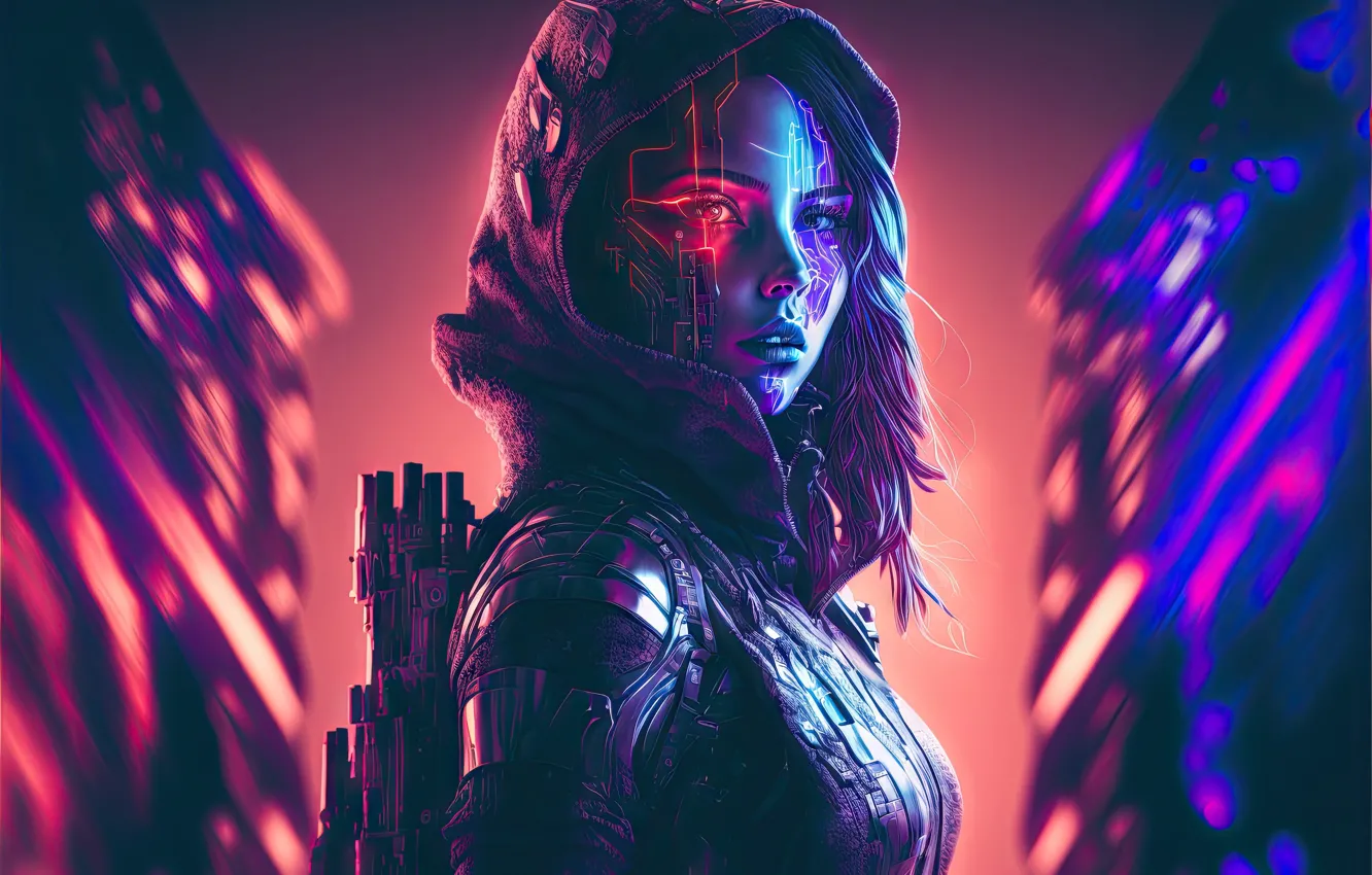 Photo wallpaper women, digital art, portrait, futuristic, Cyberpunk, looking at viewer, AI Art