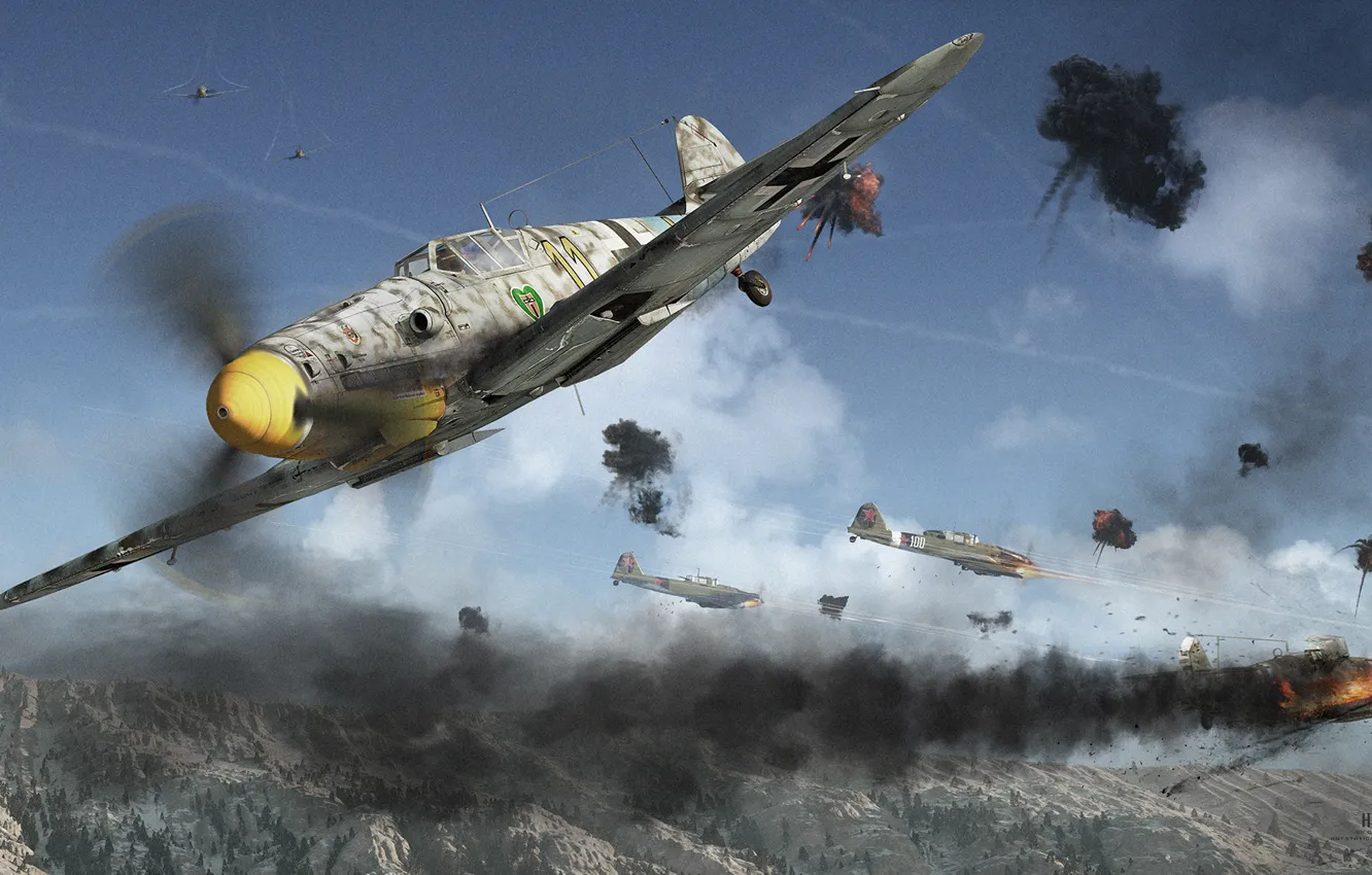 Photo wallpaper mountains, battle, the battle, the plane, Yak-9u Vs Bf 109G 6