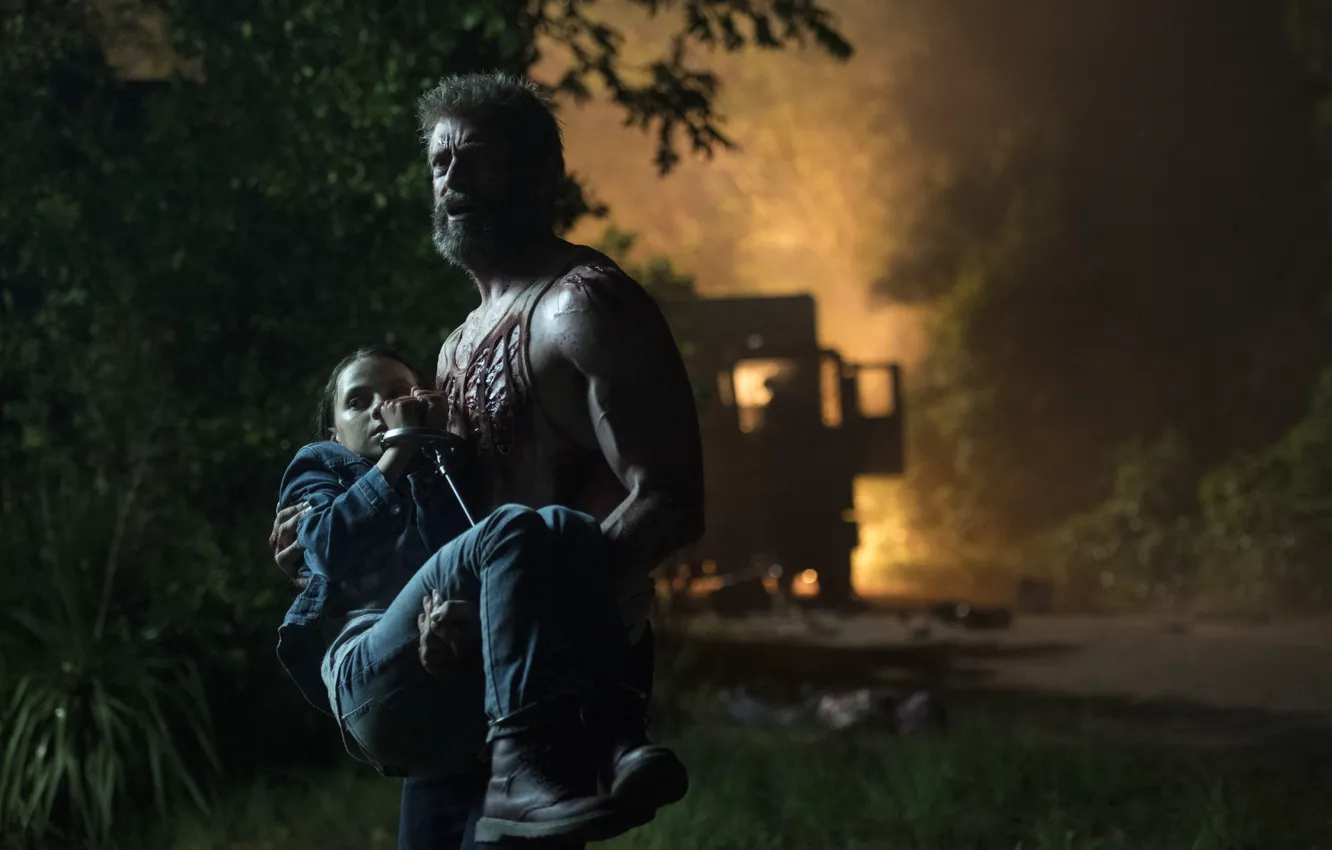 Photo wallpaper cinema, fire, flame, girl, blood, Wolverine, Hugh Jackman, X-Men