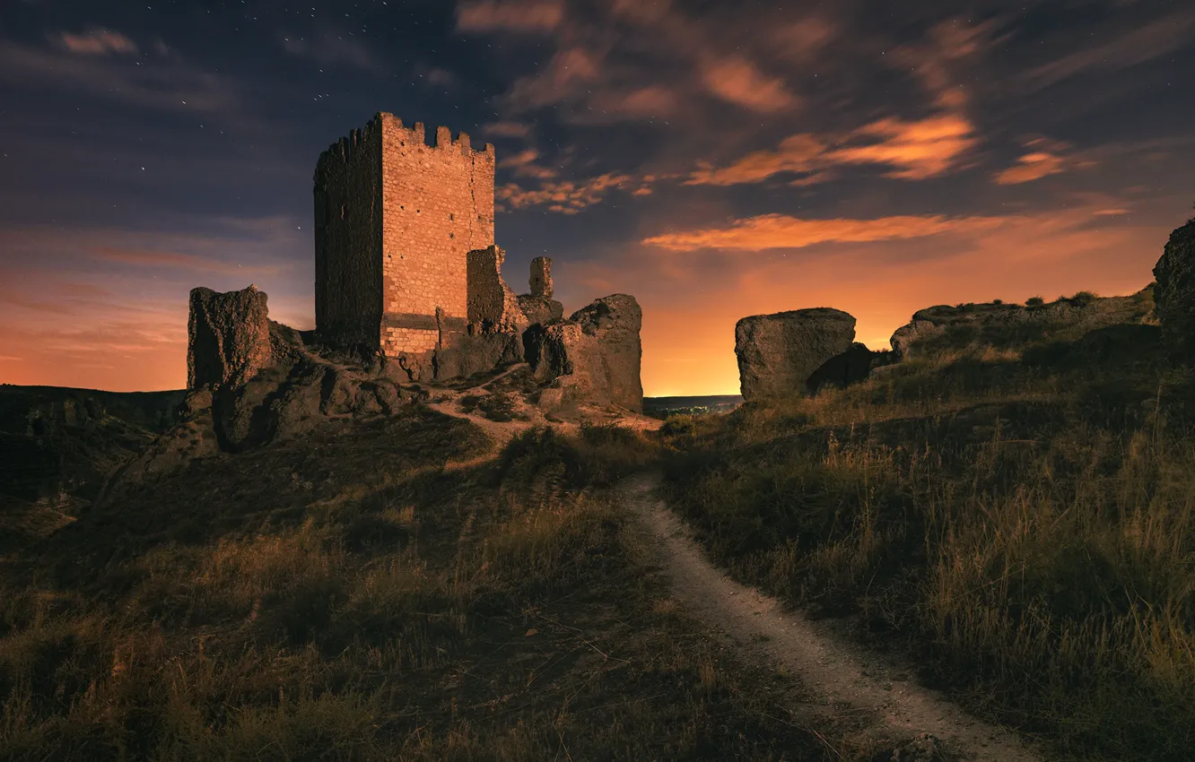 Photo wallpaper sunset, castle, path
