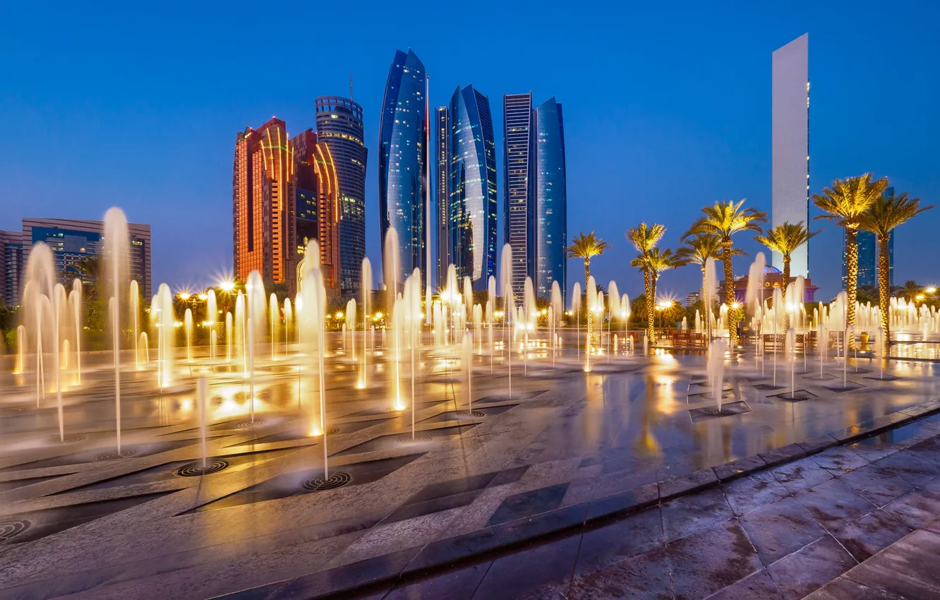 Photo wallpaper home, skyscrapers, fountain, UAE, Abu Dhabi