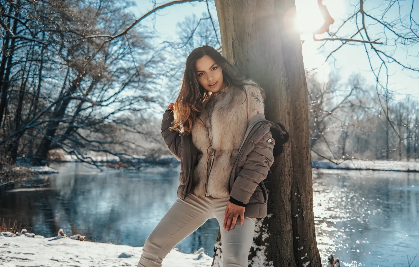 Photo wallpaper winter, girl, trees, pose, river, Sarah, Andreas-Joachim Lins