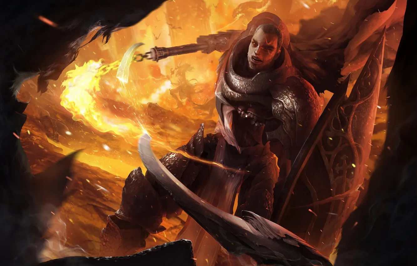 Photo wallpaper weapons, fire, male, shield, Diablo III, Reaper of Souls