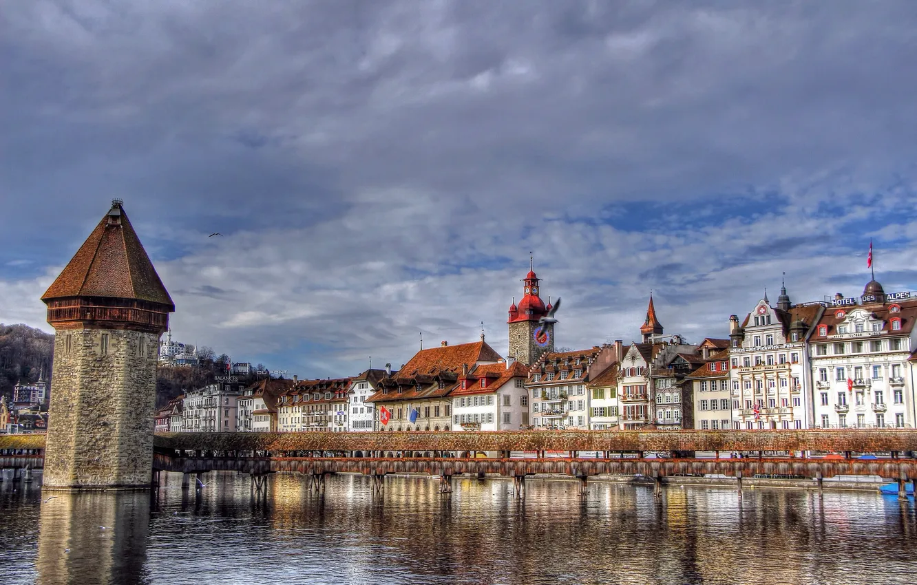 Photo wallpaper bridge, river, building, tower, Switzerland, Switzerland, Lucerne, Lucerne