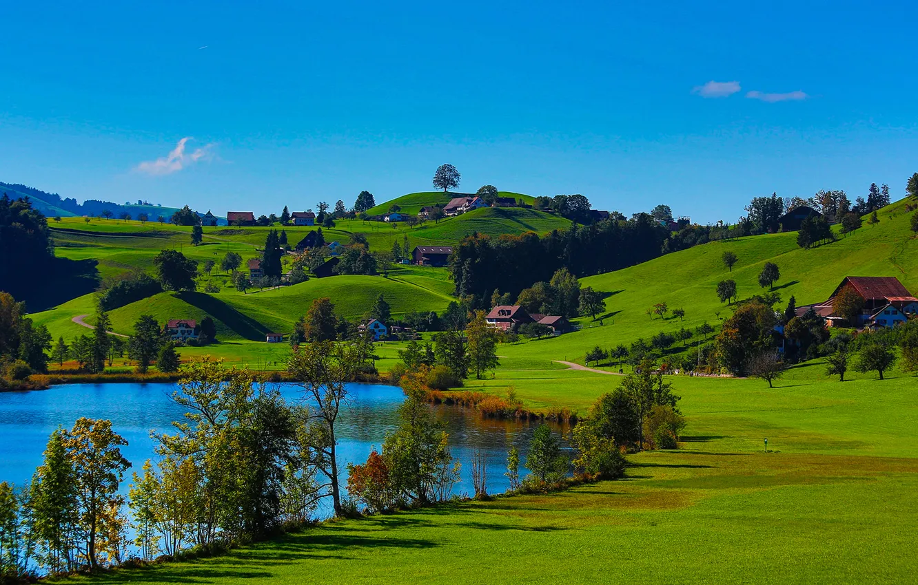 Photo wallpaper the sky, grass, trees, lake, pond, hills, home