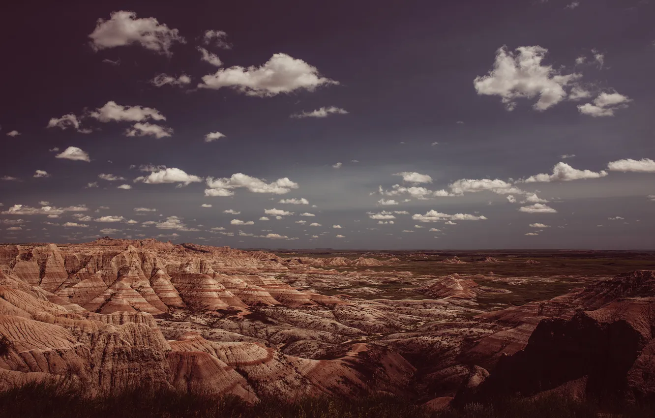Photo wallpaper the sky, clouds, desert, horizon, United States, South Dakota, Butt, Badlands