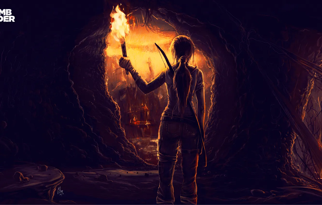 Photo wallpaper girl, fire, figure, bow, art, torch, Tomb Raider, cave