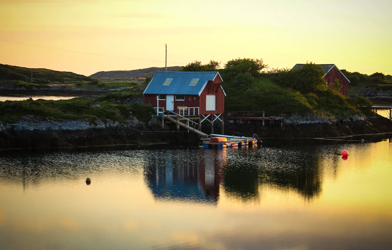 Photo wallpaper shore, house, pond, fishing