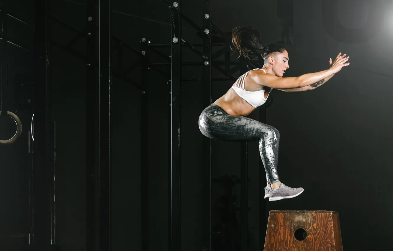Photo wallpaper jump, brunette, fitness