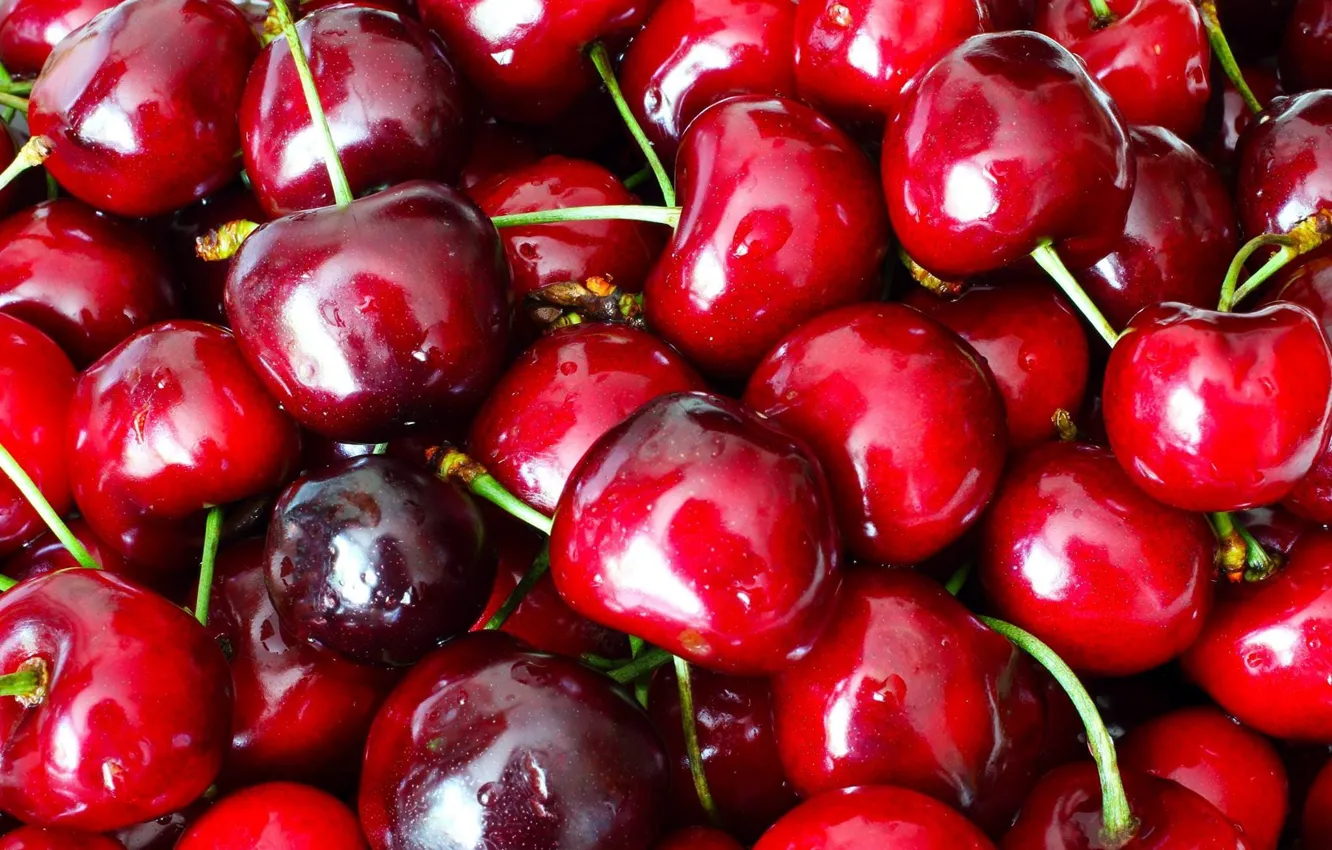 Photo wallpaper red, macro, a lot, cherry, berries, cherry, drops, juicy