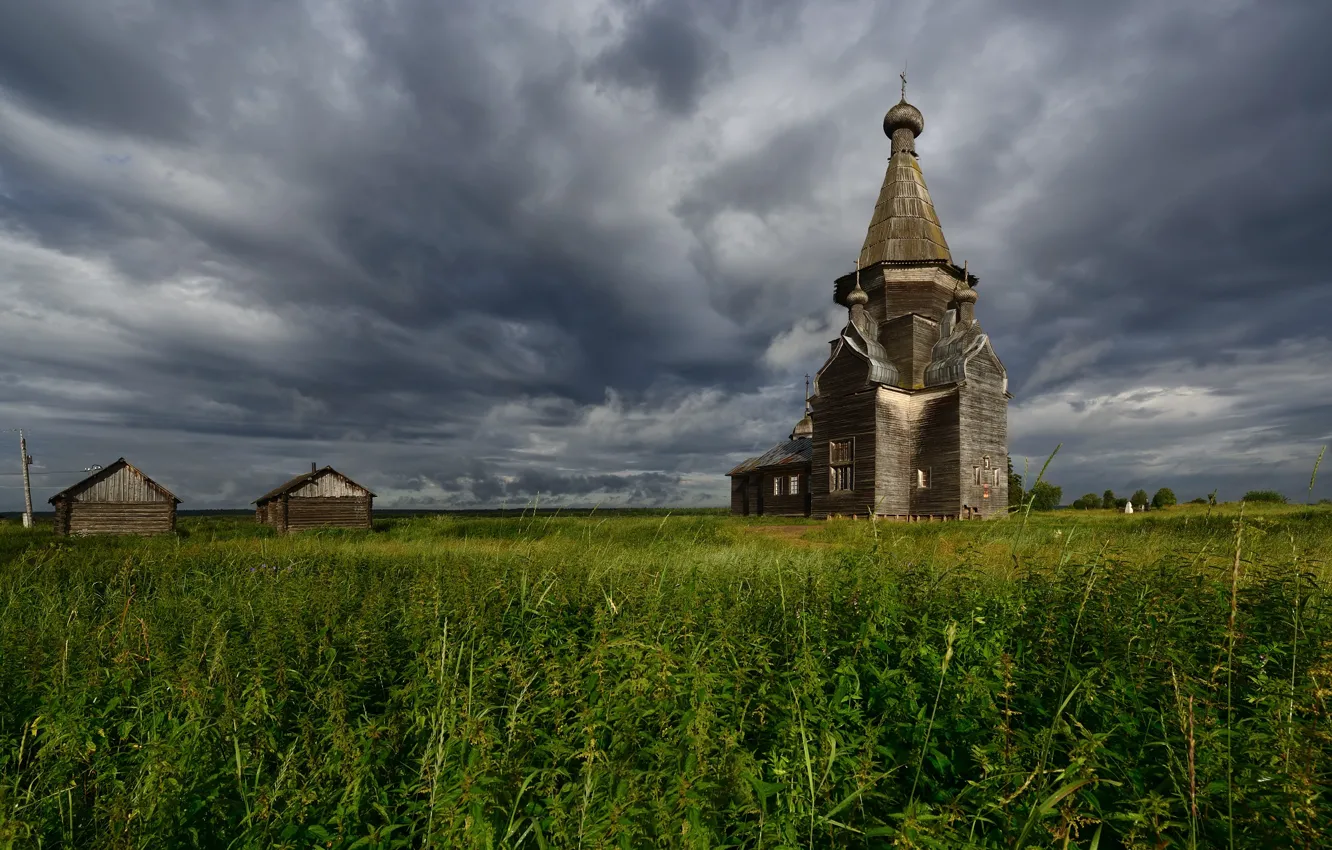 Photo wallpaper field, summer, clouds, meadow, Church, temple, wooden architecture, gloomy sky