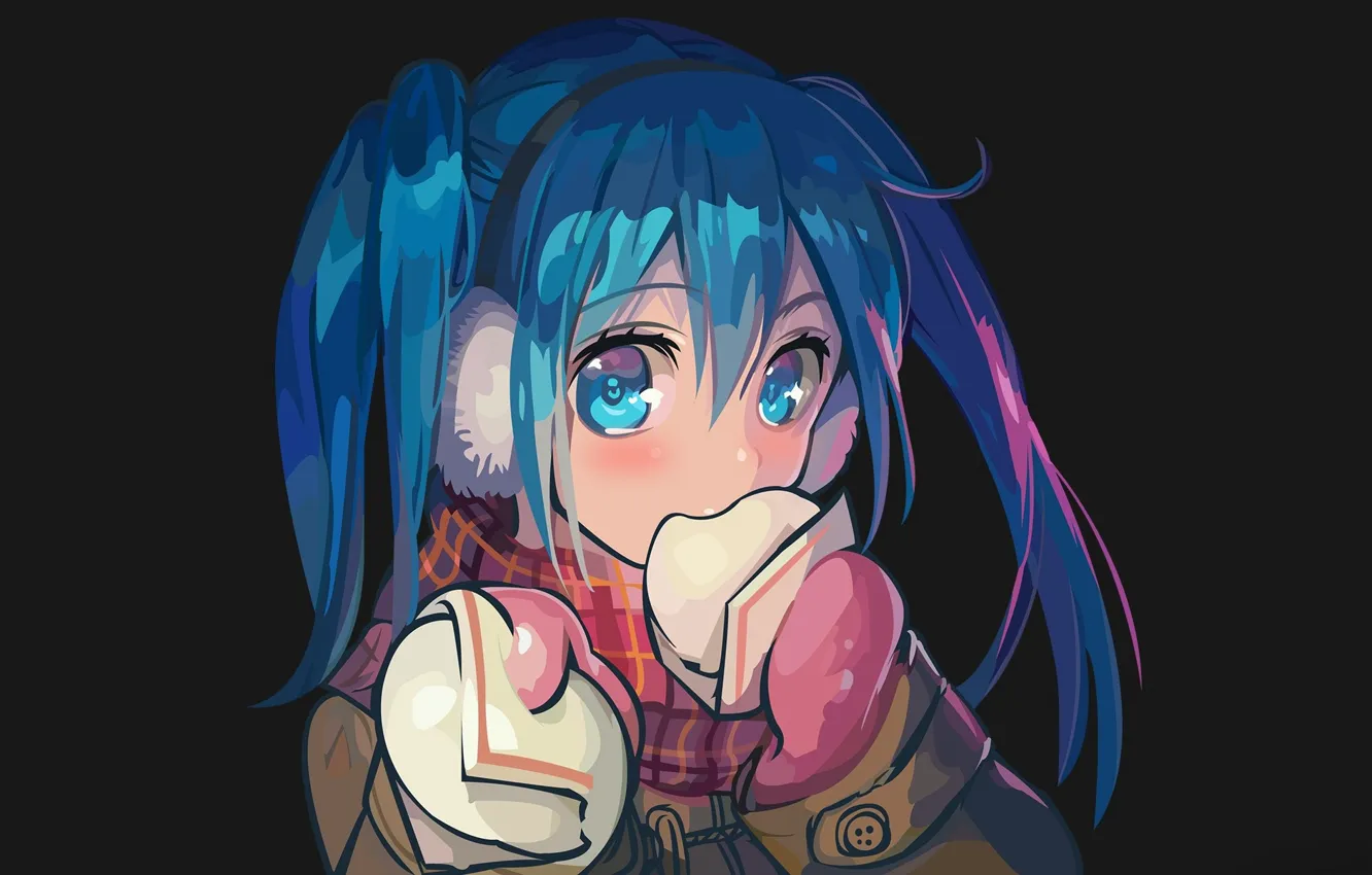 Photo wallpaper face, headphones, scarf, black background, vocaloid, hatsune miku, Vocaloid, blue hair