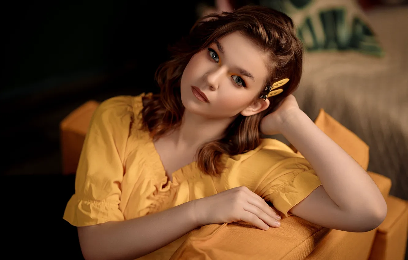 Photo wallpaper look, pose, model, portrait, makeup, dress, hairstyle, brown hair