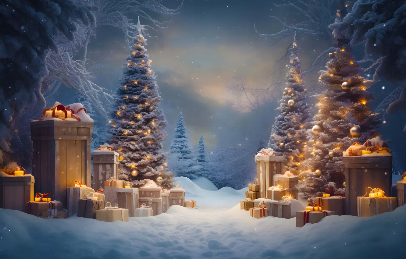 Photo wallpaper winter, frost, forest, snow, branches, box, gift, tree