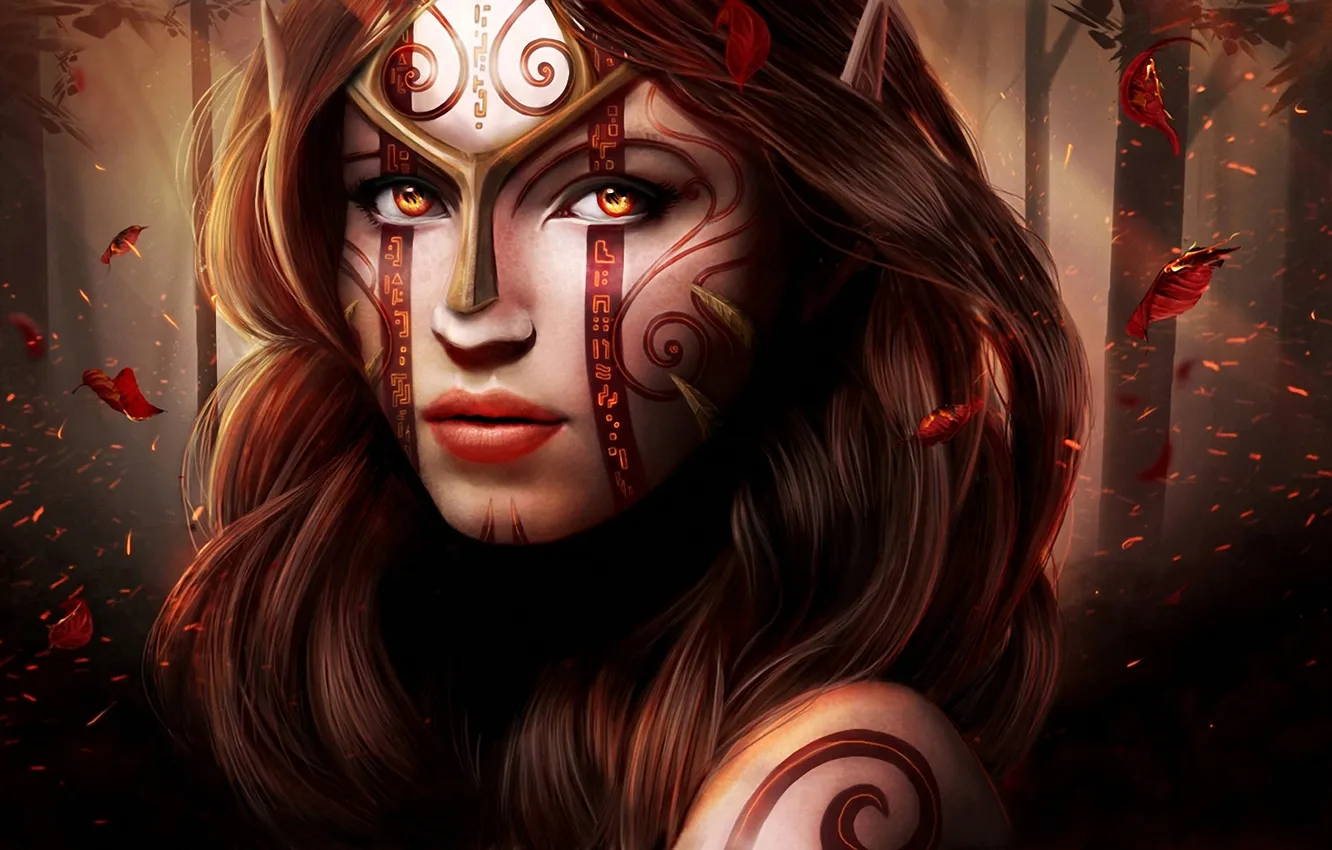 Photo wallpaper forest, eyes, leaves, girl, face, pattern, tattoo, art