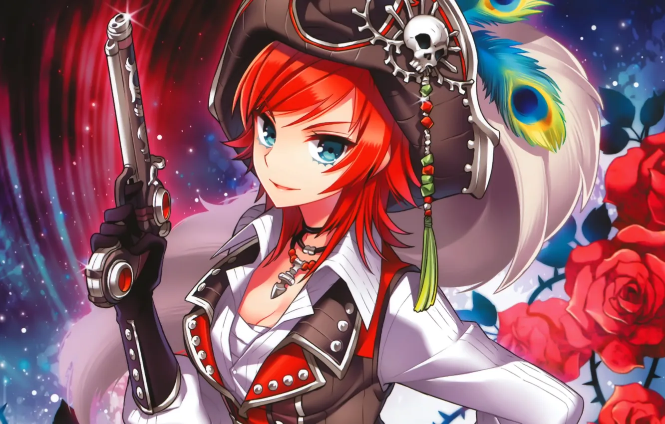 Photo wallpaper girl, flowers, gun, weapons, skull, roses, hat, anime