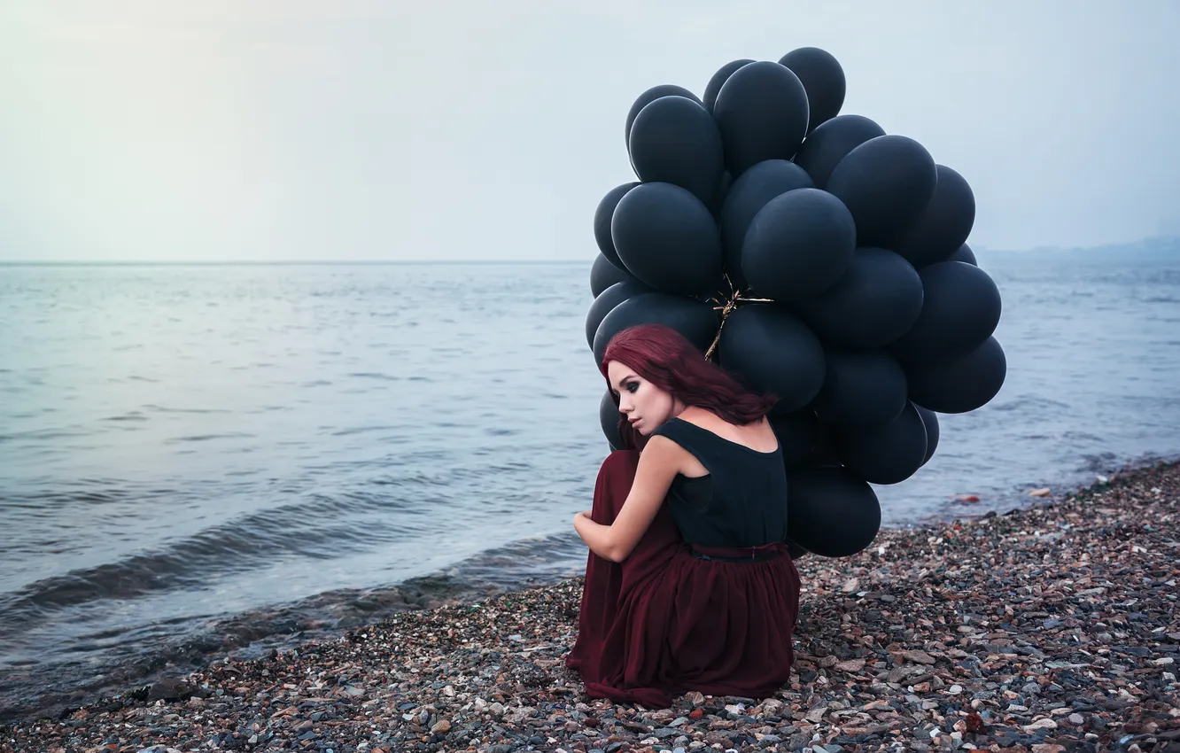 Photo wallpaper sea, beach, girl, balls, makeup, outfit, pebbles