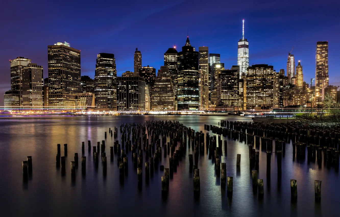 Photo wallpaper the city, lights, river, building, New York, skyscrapers, the evening, support