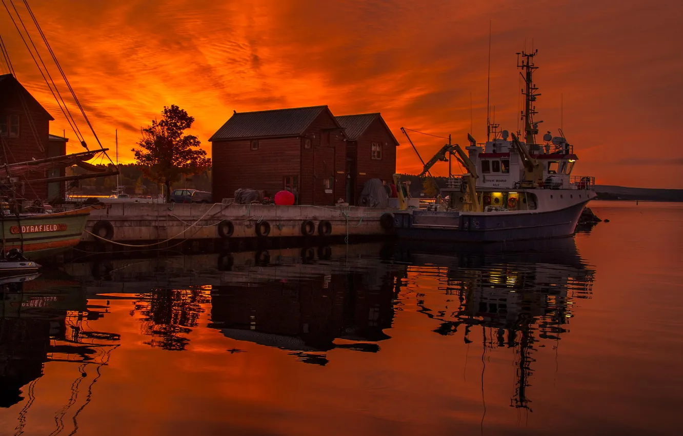 Photo wallpaper sunset, boat, Marina, fishing boat