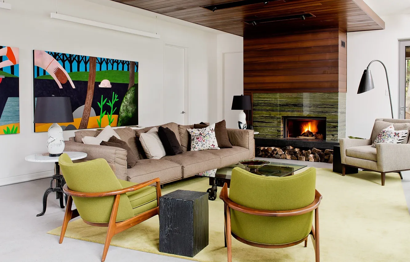 Photo wallpaper design, interior, Canada, Montreal, fireplace, vintage, retro style, living room