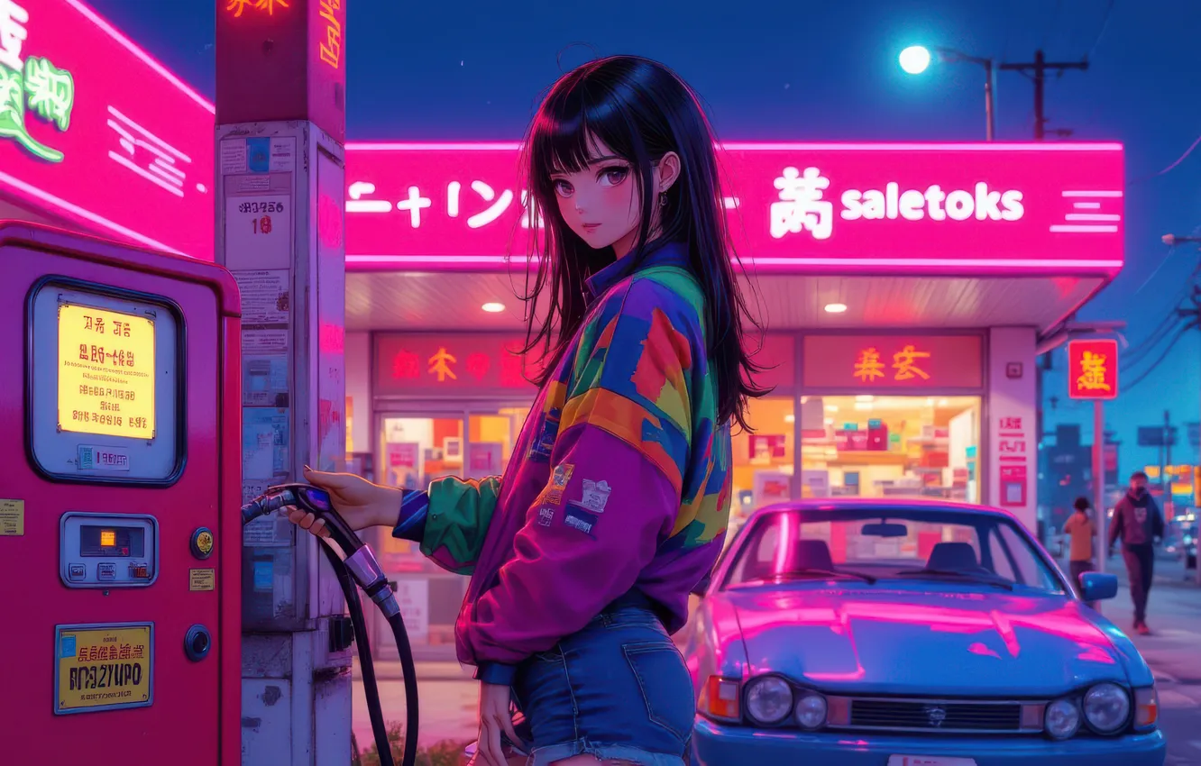 Photo wallpaper girl, neon, cyberpunk, gas station