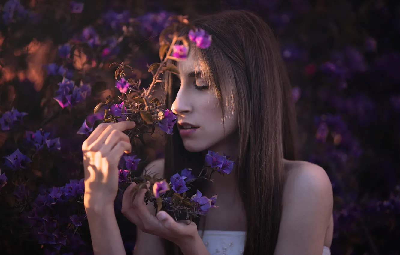 Photo wallpaper girl, flowers, nature