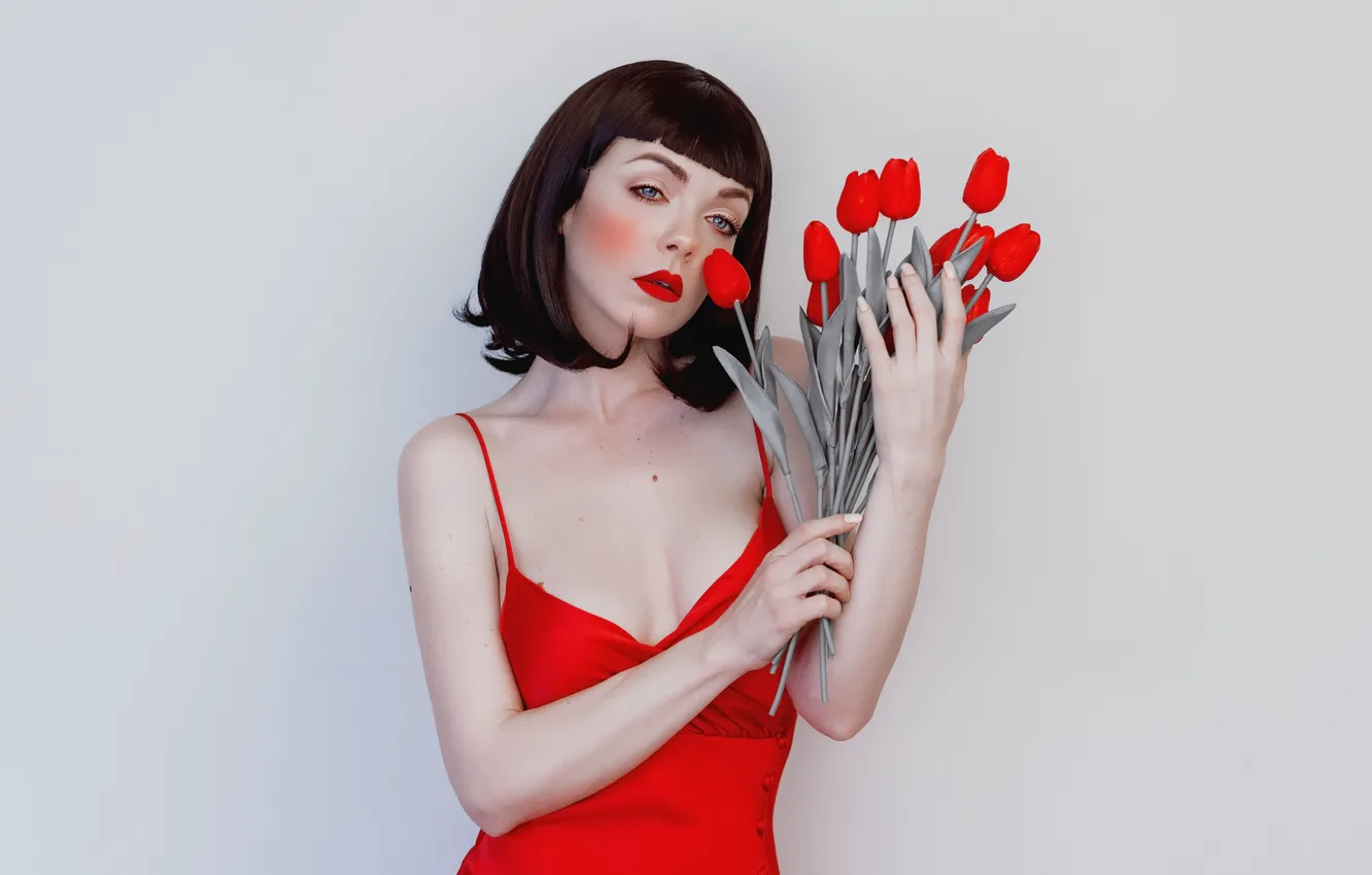 Photo wallpaper girl, flowers, tulips