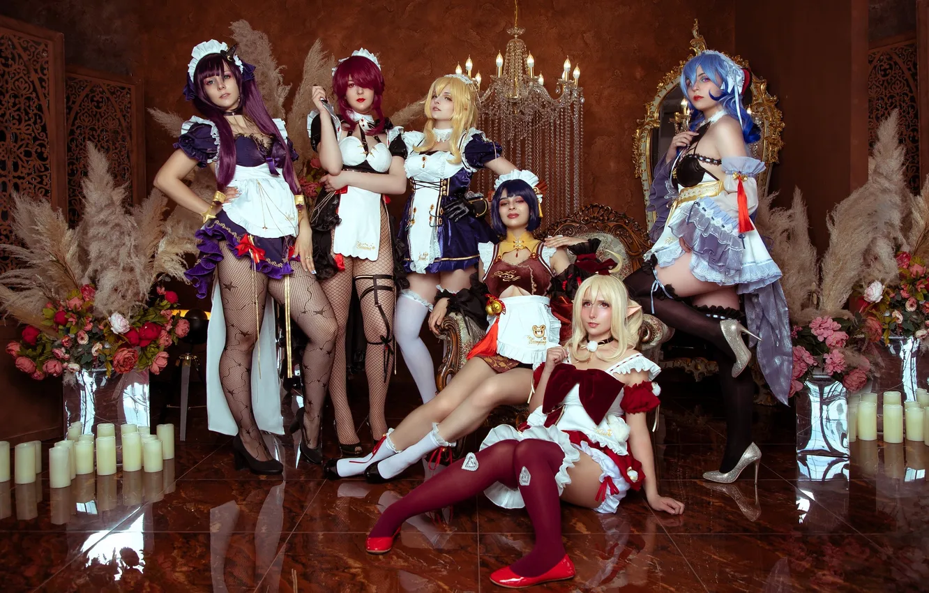 Photo wallpaper girl, flowers, sofa, candles, costume, outfit, image, cosplay