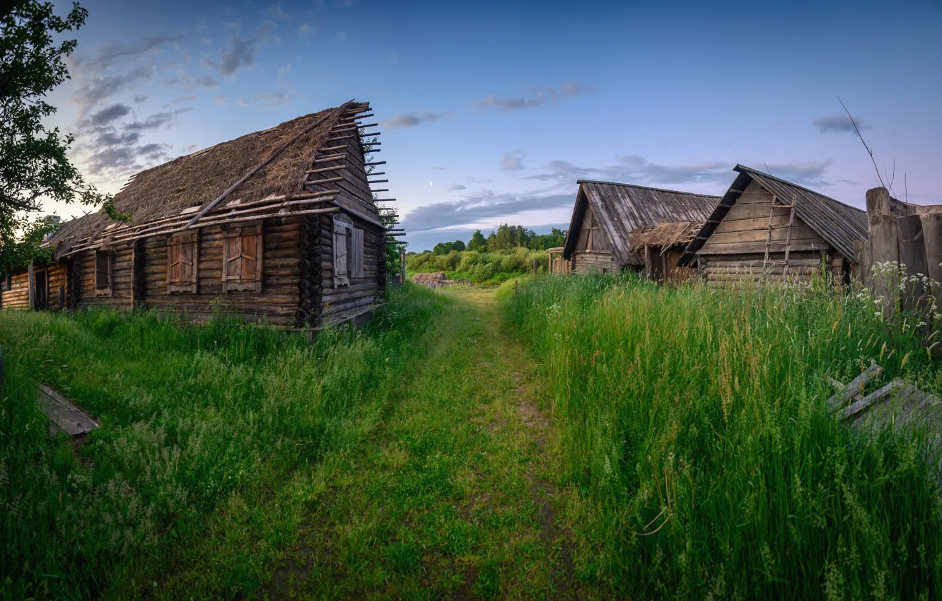 Photo wallpaper road, the sky, grass, clouds, glade, the fence, home, village