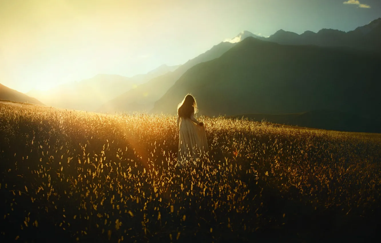 Photo wallpaper NATURE, GRASS, MOUNTAINS, FIELD, TOPS, DRESS, LIGHT, MOOD