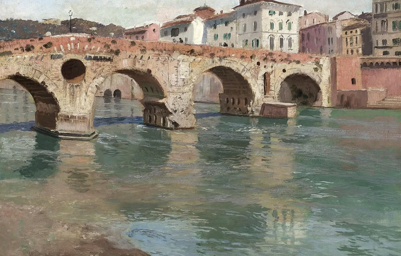 Photo wallpaper bridge, river, home, picture, the urban landscape, Frits Thaulov, Frits Thaulow, Ponte Pietra. Verona