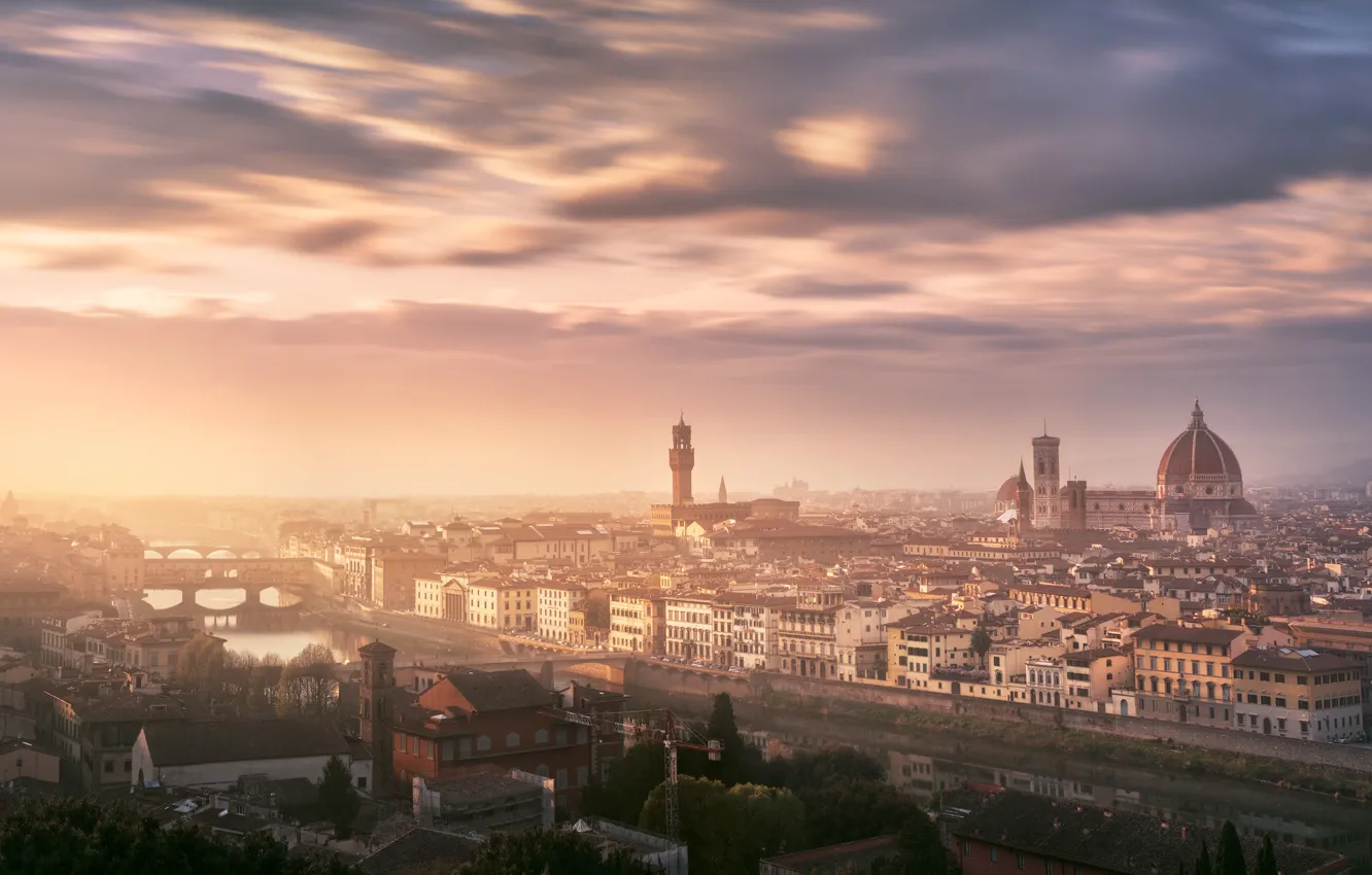 Photo wallpaper the city, fog, view, building, morning, Italy, Florence