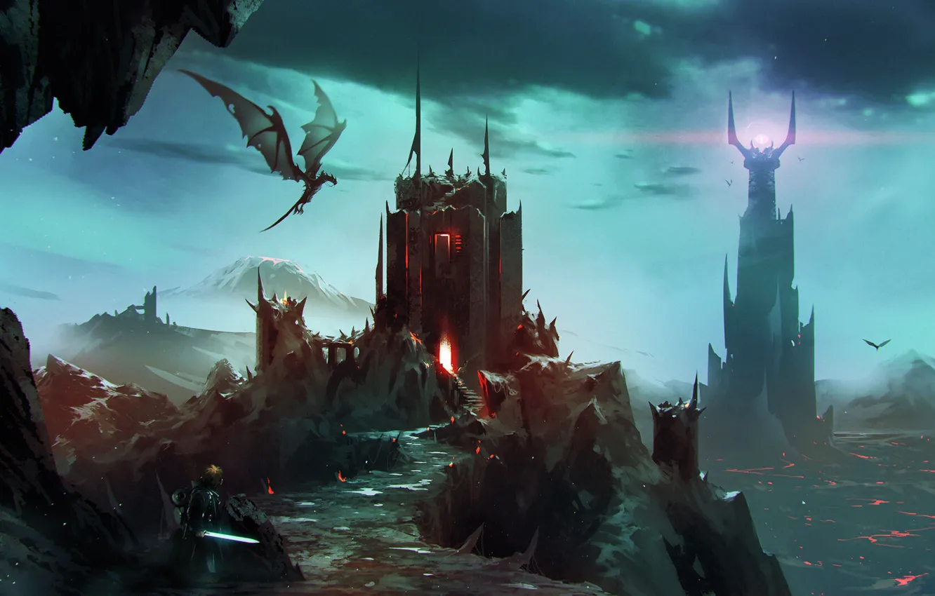 Photo wallpaper flight, mountains, night, fiction, dragon, figure, tower, monster
