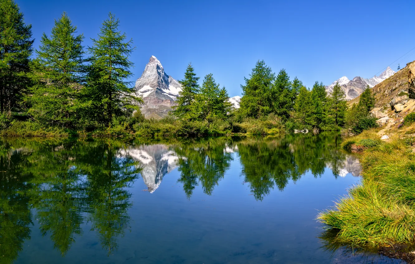 Photo wallpaper trees, mountains, lake, reflection, Switzerland, Alps, Switzerland, Alps