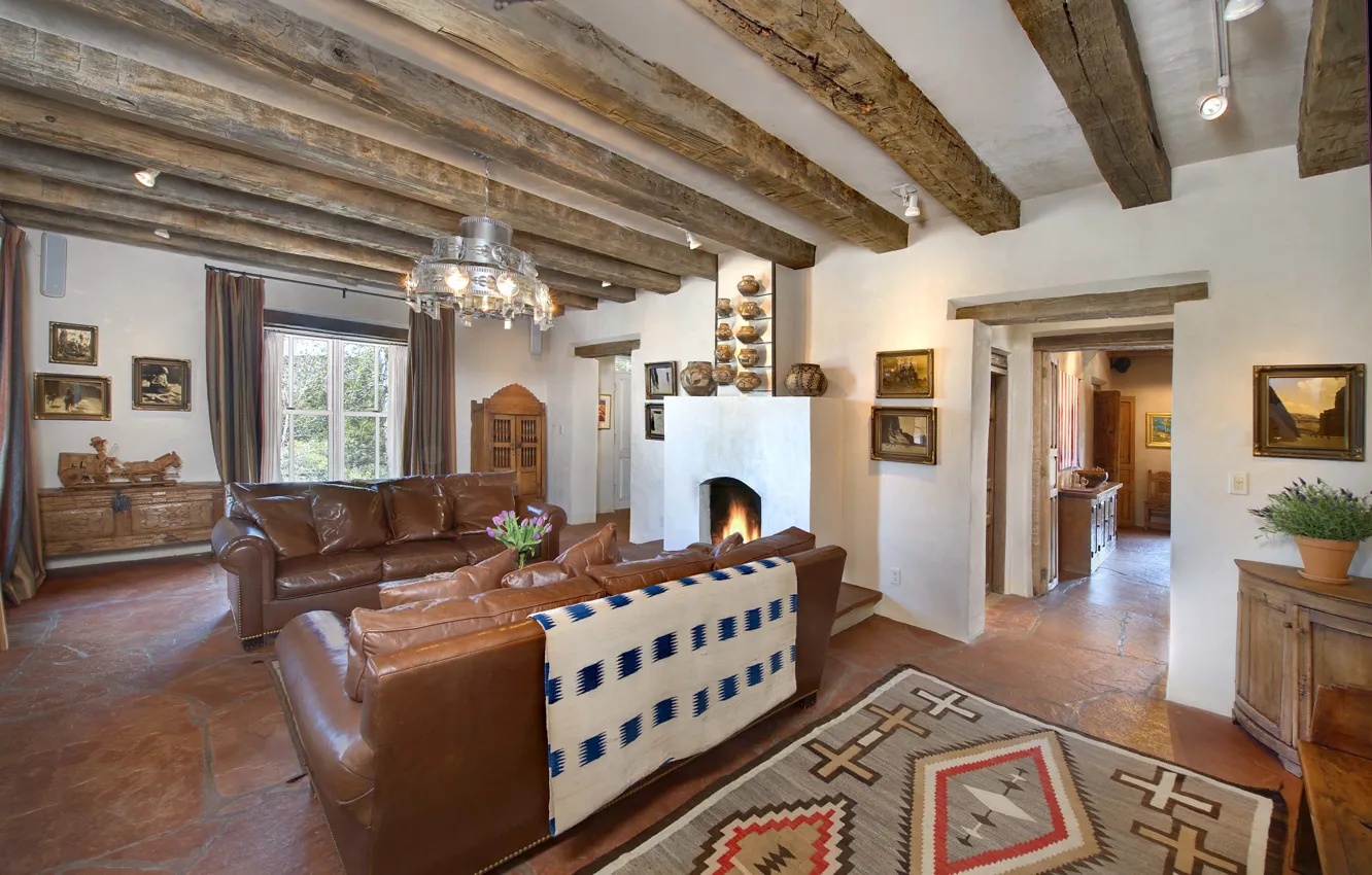 Photo wallpaper living room, interior, fireplace, rural style