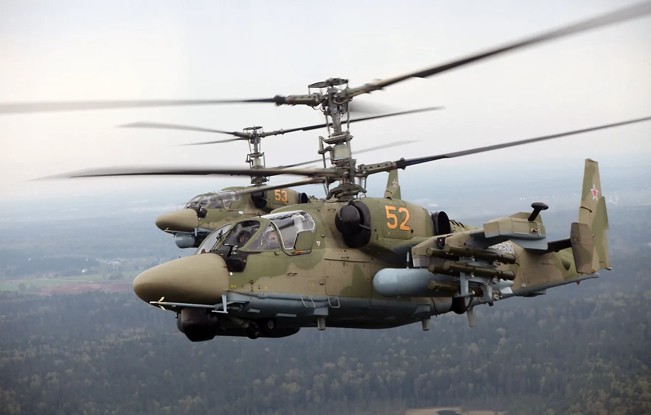 Photo wallpaper missiles, pilot, flight, helicopter, camouflage, BBC, ka-52, suspension