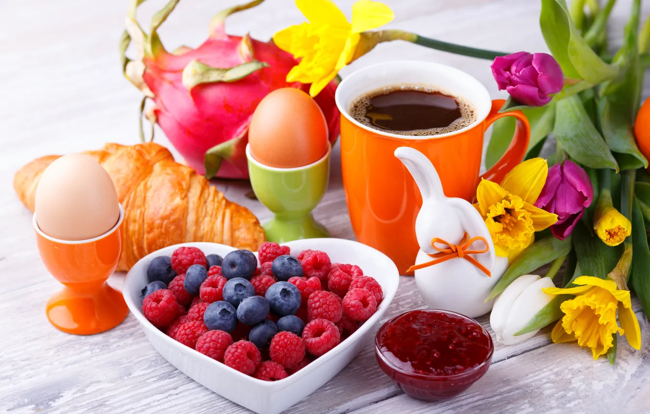 Photo wallpaper Coffee, Eggs, Cup, Food, Raspberry, Breakfast, Daffodils, Blueberries