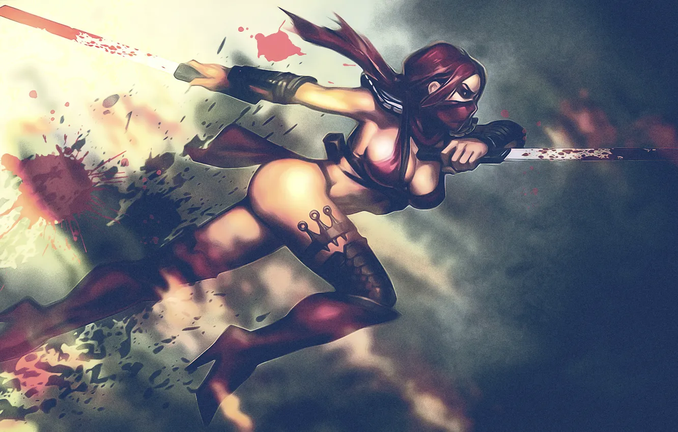 Photo wallpaper girl, blood, warrior, mask, legs, swords, killer, Mortal Kombat