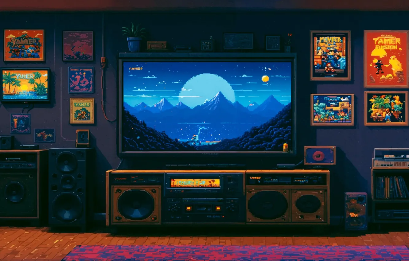 Photo wallpaper retro, room, sofa, carpet, TV, speakers, console, poster