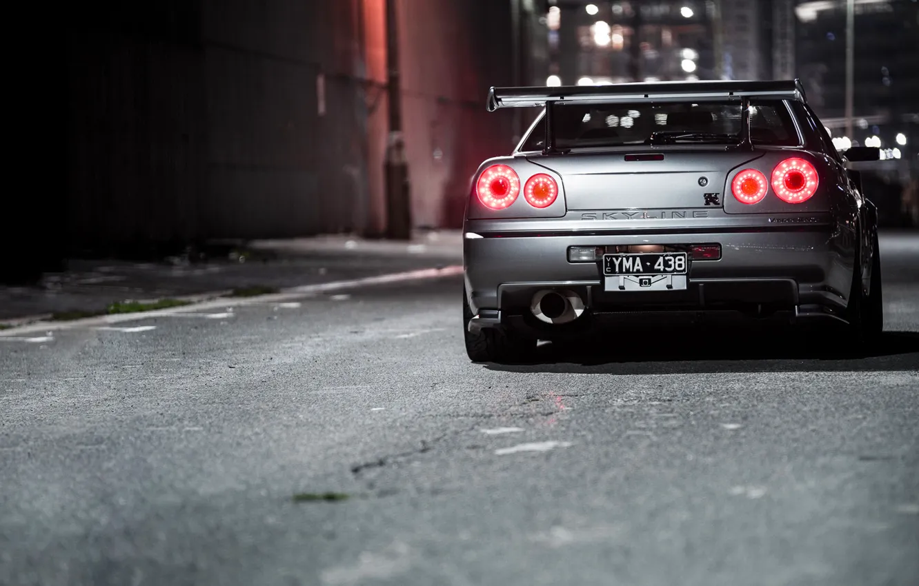 Photo wallpaper Night, Lights, Nissan, Skyline, R34, Organic Metal, Lane